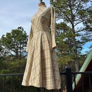Vintage 60s Anne Fogerty Gold Plaid Full Circle Skirt Midi Dress + Pockets